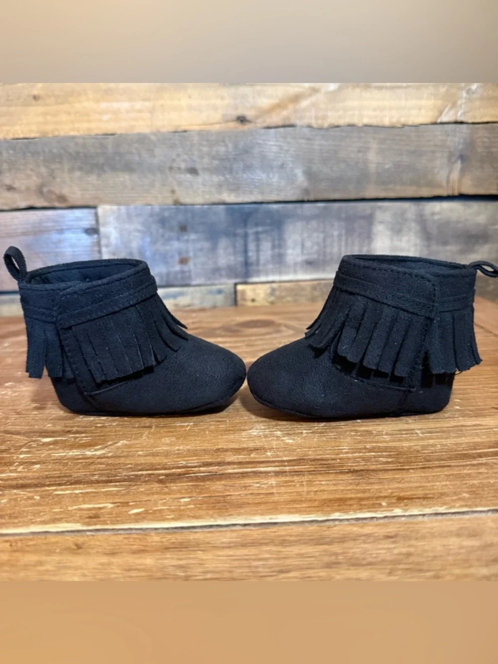 Laura Ashley ~ Baby Infant Moccasins Black Fringe Zip Up size 2